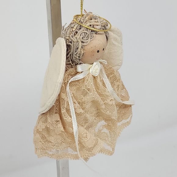 Vintage Christmas Tree Ornament Angel Wooden Lace Holiday Decor Figure - Picture 2 of 8